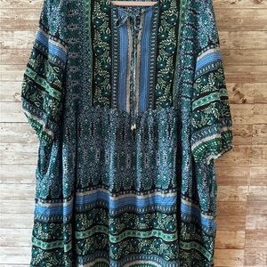 Chigant XXL Boho Green and Blue Patterned Dress Lightweight Rayon Summer